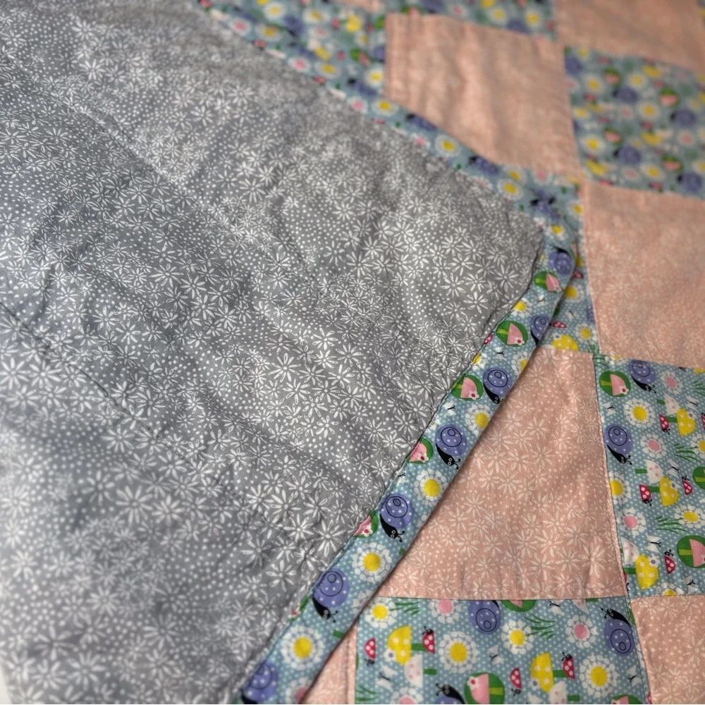 Handmade Baby Quilt - Cotton Calico Print - Peach and Blue Patchwork